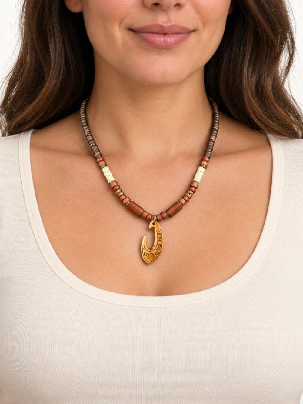 Vintage Carved Fish Hook Pendant Beaded Necklace 18 Inch Tribal Coastal Boho